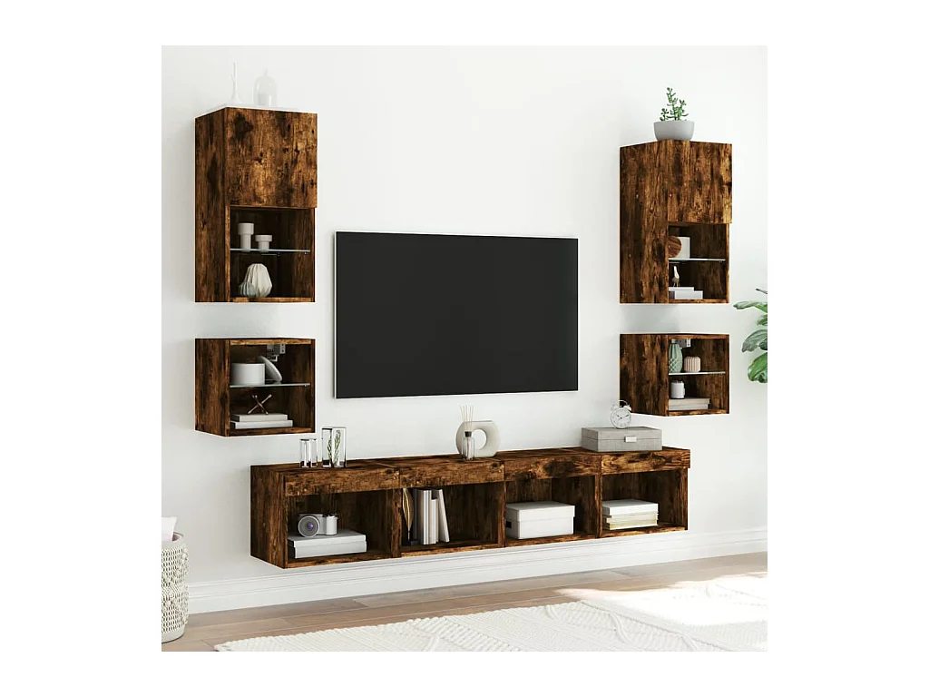 Muebles TV | Gabinetes de TV | Muebles de salón pared con LED 8 pzas madera ingeniería roble ahumado