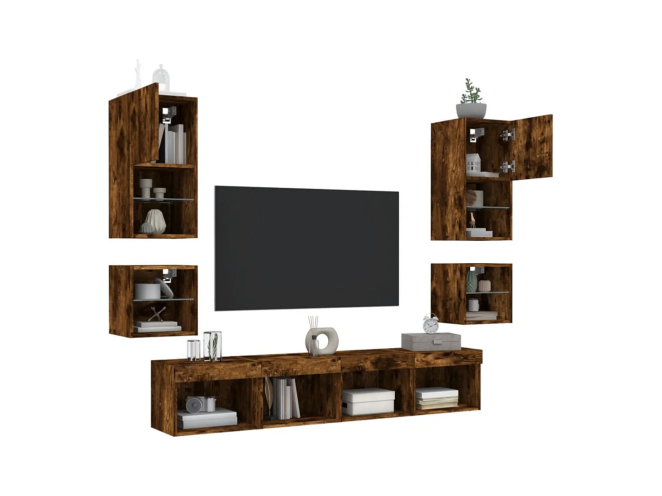 Muebles TV | Gabinetes de TV | Muebles de salón pared con LED 8 pzas madera ingeniería roble ahumado