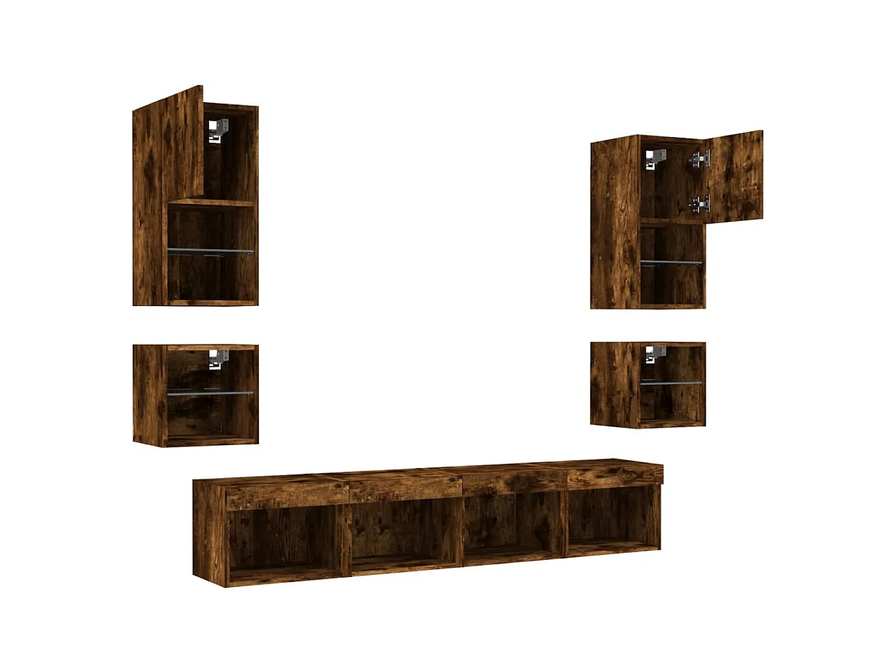 Muebles TV | Gabinetes de TV | Muebles de salón pared con LED 8 pzas madera ingeniería roble ahumado
