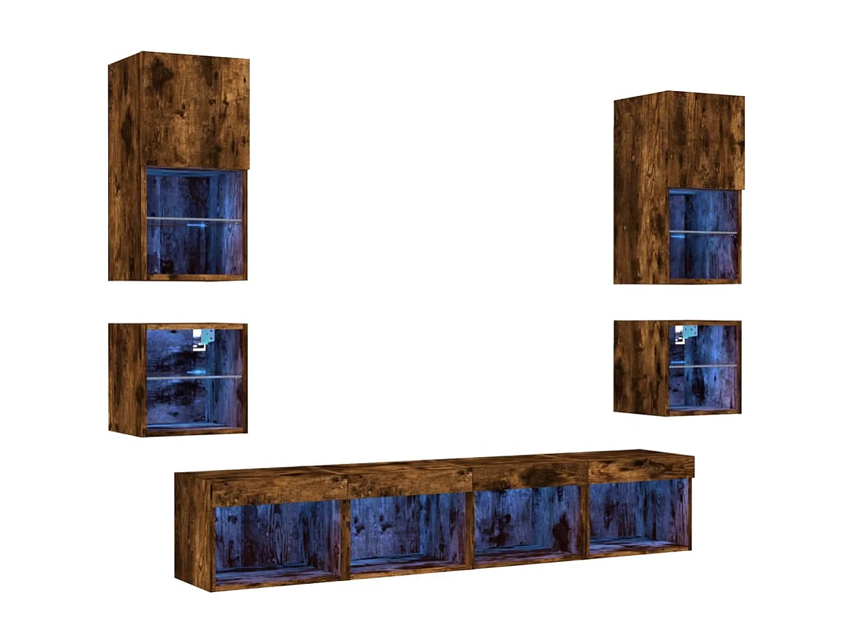 Unités murales TV | Bancs TV | Armoires TV avec LED 8 pcs chêne fumé bois d'ingénierie