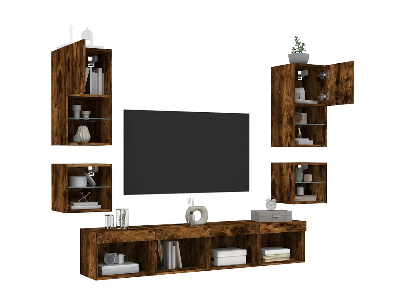 Unités murales TV | Bancs TV | Armoires TV avec LED 8 pcs chêne fumé bois d'ingénierie