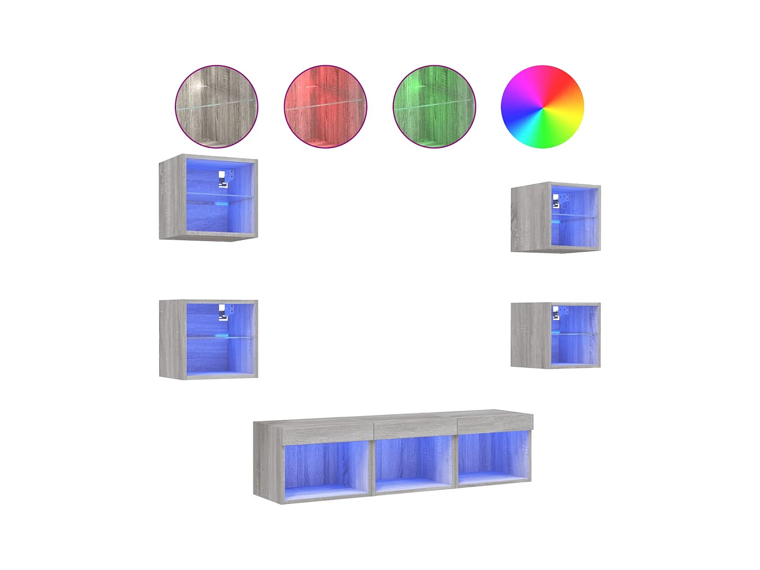 Muebles TV | Gabinetes de TV | Muebles de salón pared con LED 7 pzas madera ingeniería gris Sonoma