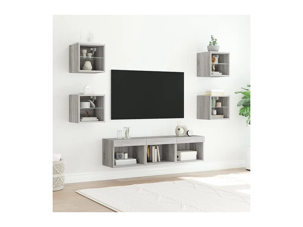 Muebles TV | Gabinetes de TV | Muebles de salón pared con LED 7 pzas madera ingeniería gris Sonoma