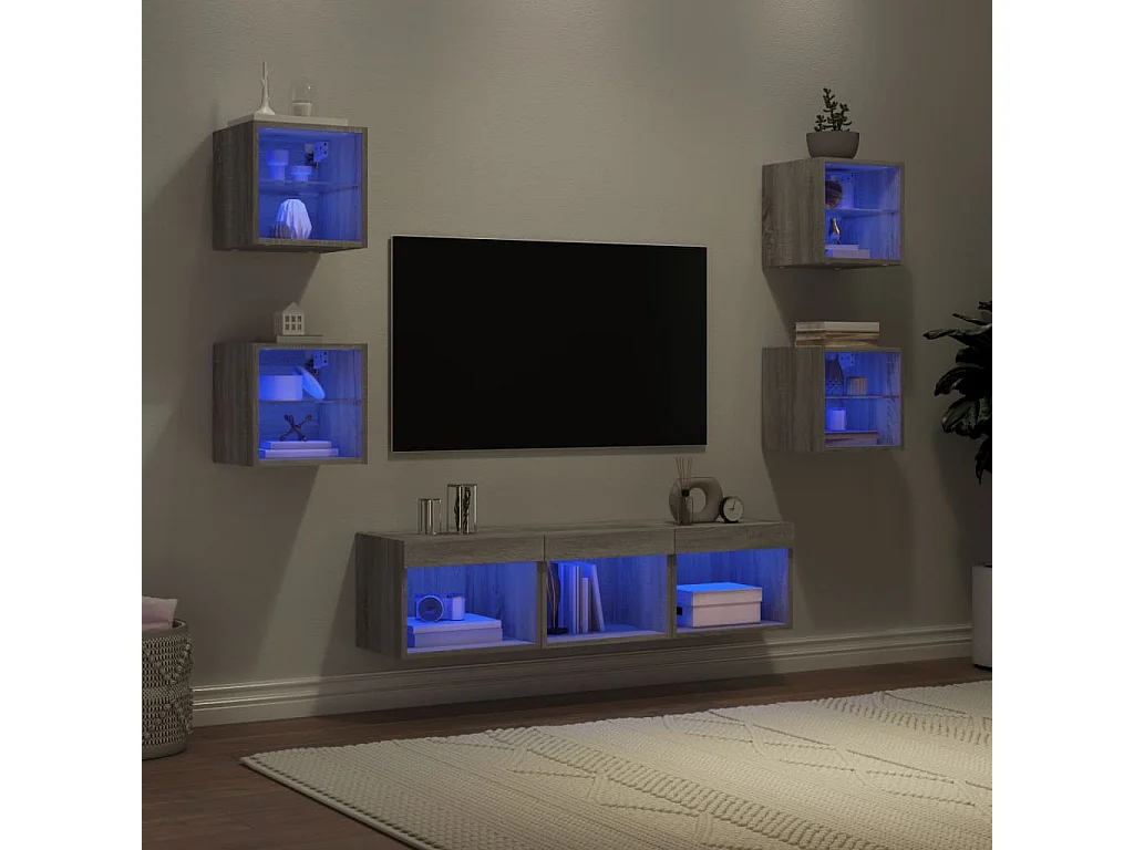 Unités murales TV | Bancs TV | Armoires TV avec LED 7 pcs gris sonoma bois d'ingénierie