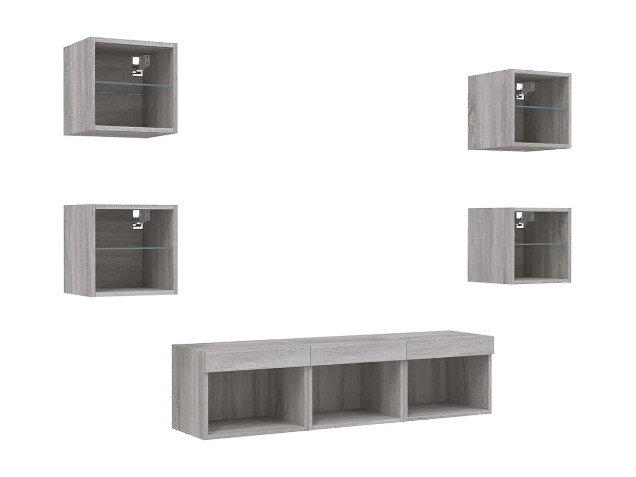Unités murales TV | Bancs TV | Armoires TV avec LED 7 pcs gris sonoma bois d'ingénierie