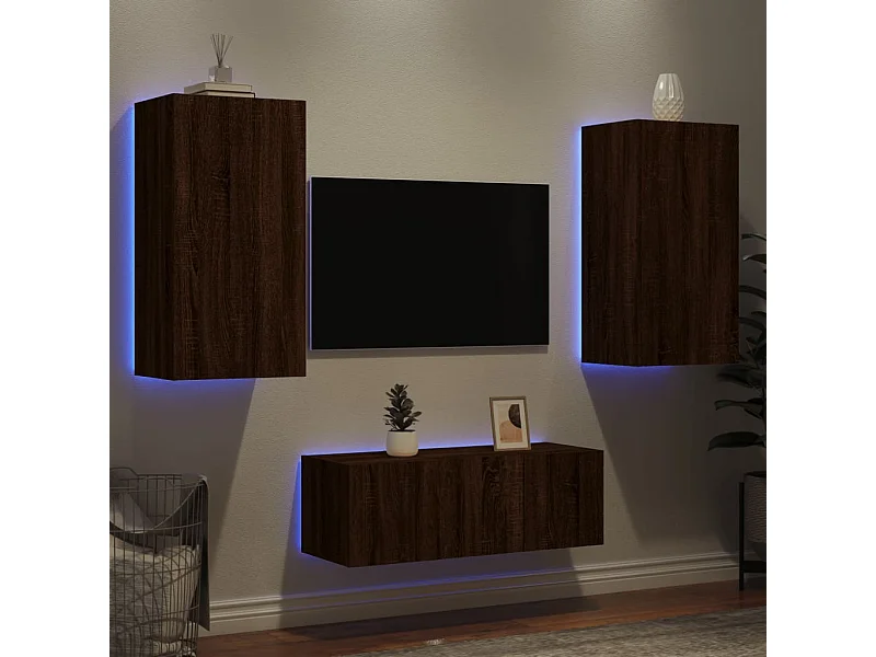 Unités murales TV | Bancs TV | Armoires TV avec LED 4 pcs chêne marron bois d'ingénierie