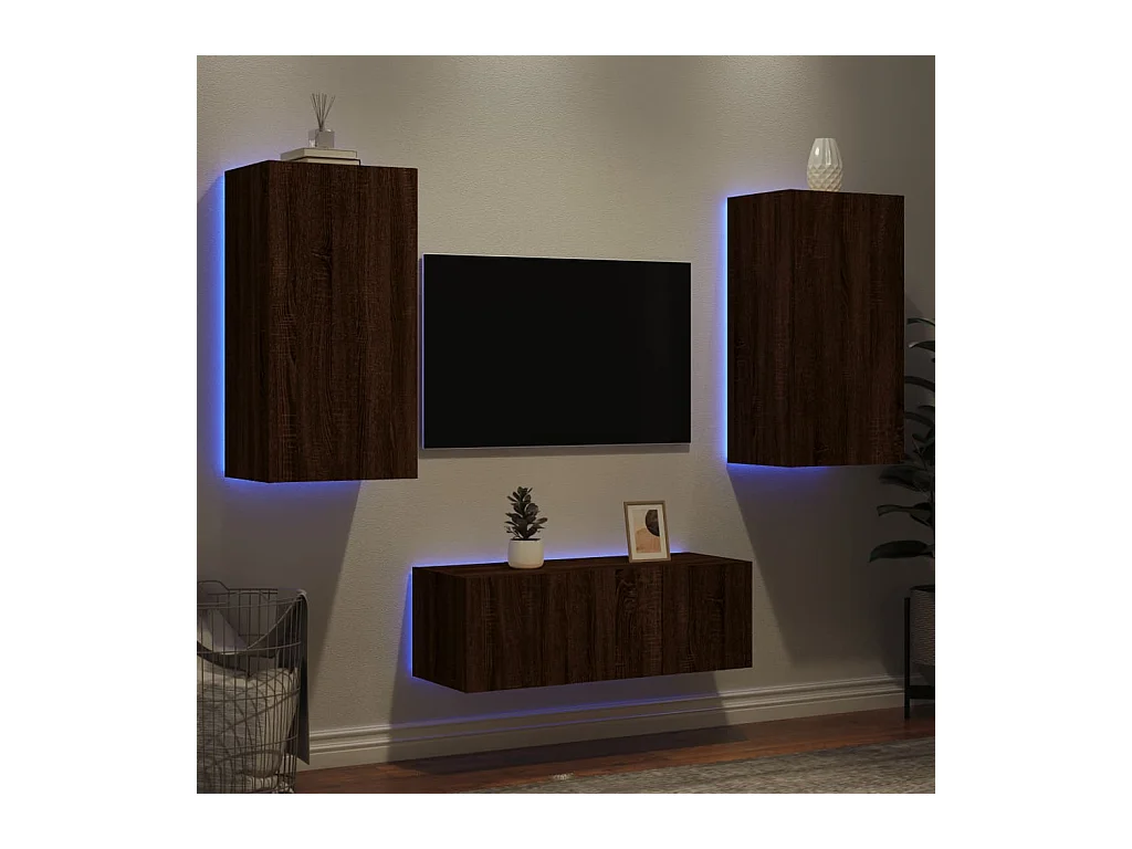 Muebles TV | Gabinetes de TV | Muebles de salón pared con LED 4 pzas madera ingeniería marrón roble