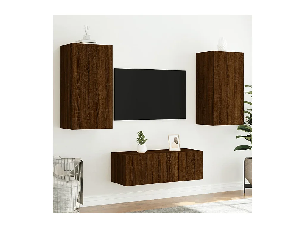Muebles TV | Gabinetes de TV | Muebles de salón pared con LED 4 pzas madera ingeniería marrón roble