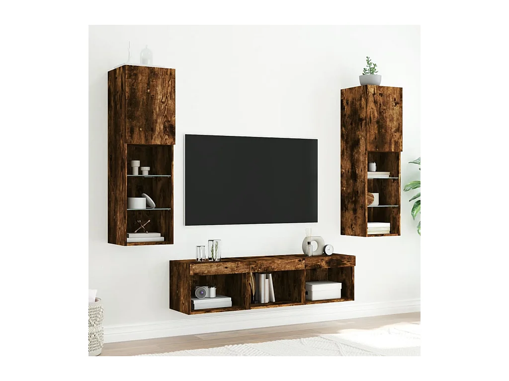 Muebles TV | Gabinetes de TV | Muebles de salón pared con LED 5 pzas madera ingeniería roble ahumado