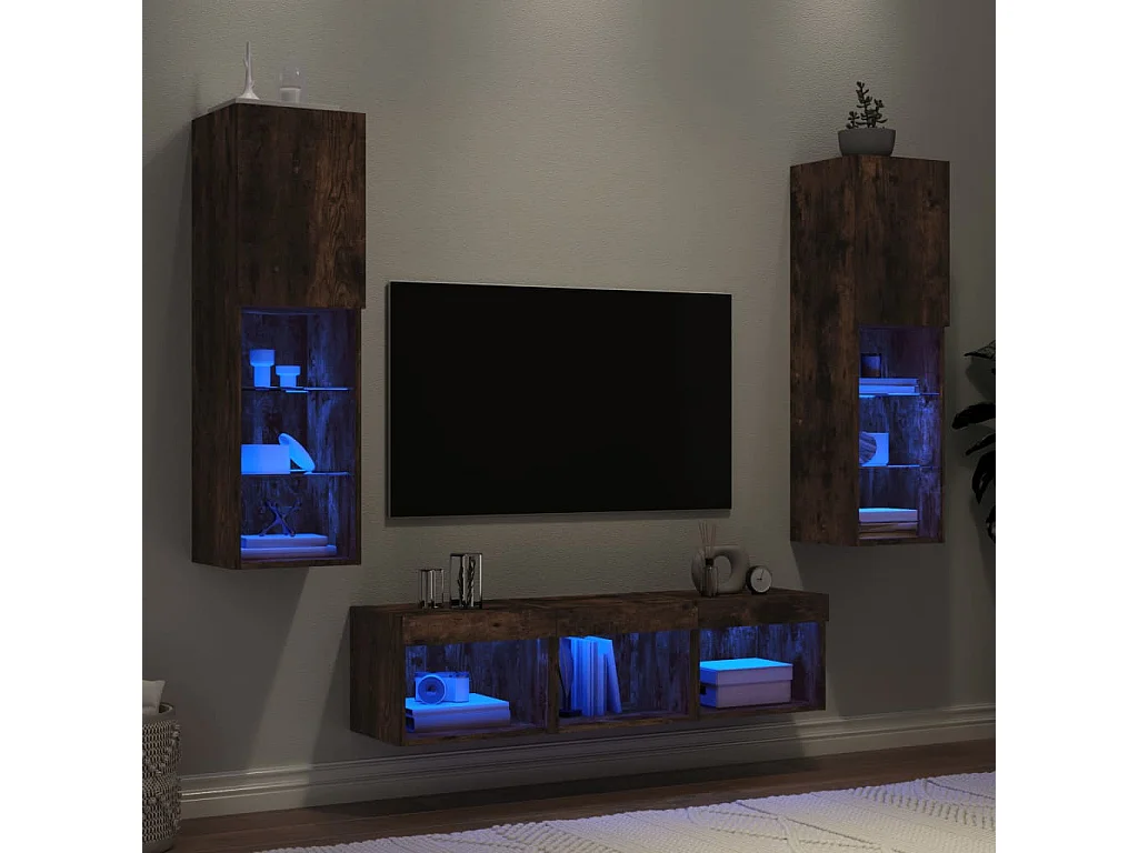Unités murales TV | Bancs TV | Armoires TV avec LED 5 pcs chêne fumé bois d'ingénierie