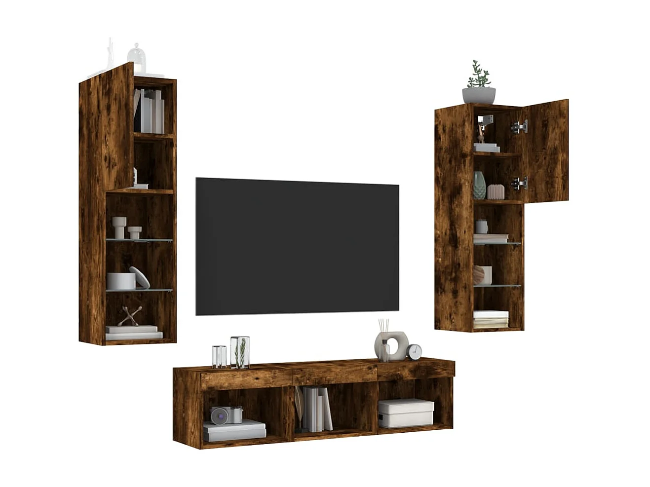 Unités murales TV | Bancs TV | Armoires TV avec LED 5 pcs chêne fumé bois d'ingénierie