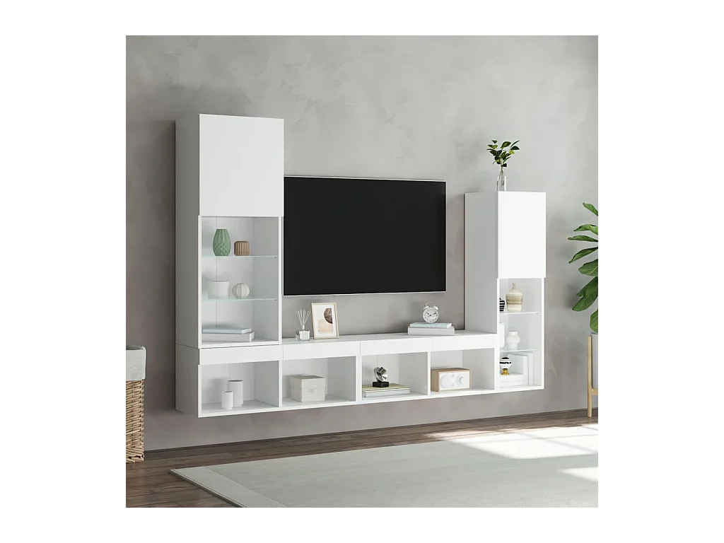 Unités murales TV | Bancs TV | Armoires TV avec LED 4 pcs blanc bois d'ingénierie