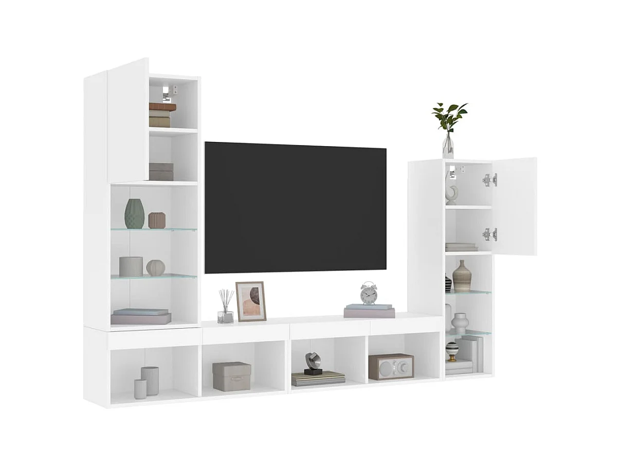 Unités murales TV | Bancs TV | Armoires TV avec LED 4 pcs blanc bois d'ingénierie