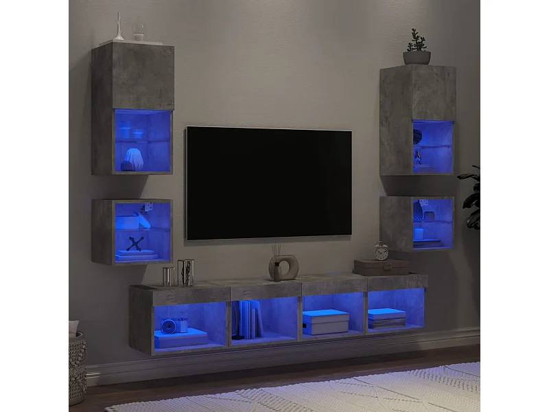 Muebles TV | Gabinetes de TV | Muebles de salón pared con LED 8 pzas madera ingeniería gris hormigón