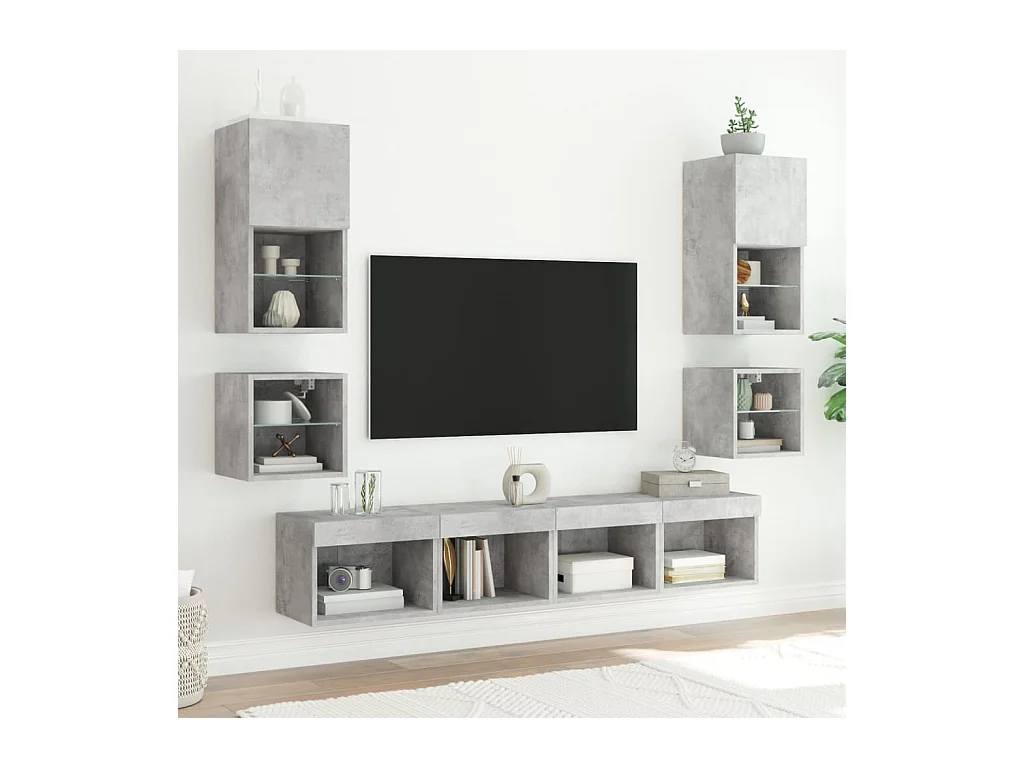 Muebles TV | Gabinetes de TV | Muebles de salón pared con LED 8 pzas madera ingeniería gris hormigón
