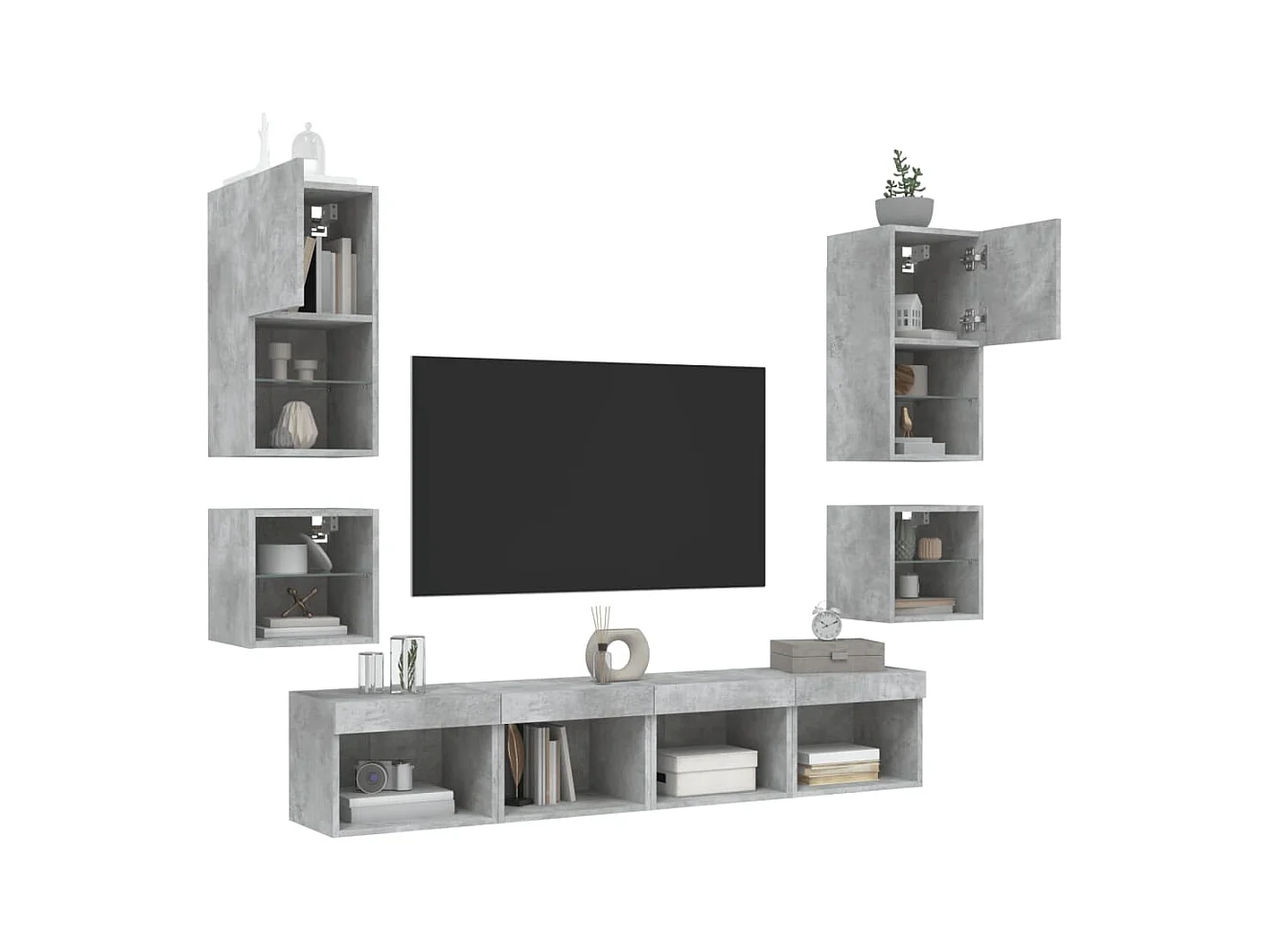 Muebles TV | Gabinetes de TV | Muebles de salón pared con LED 8 pzas madera ingeniería gris hormigón
