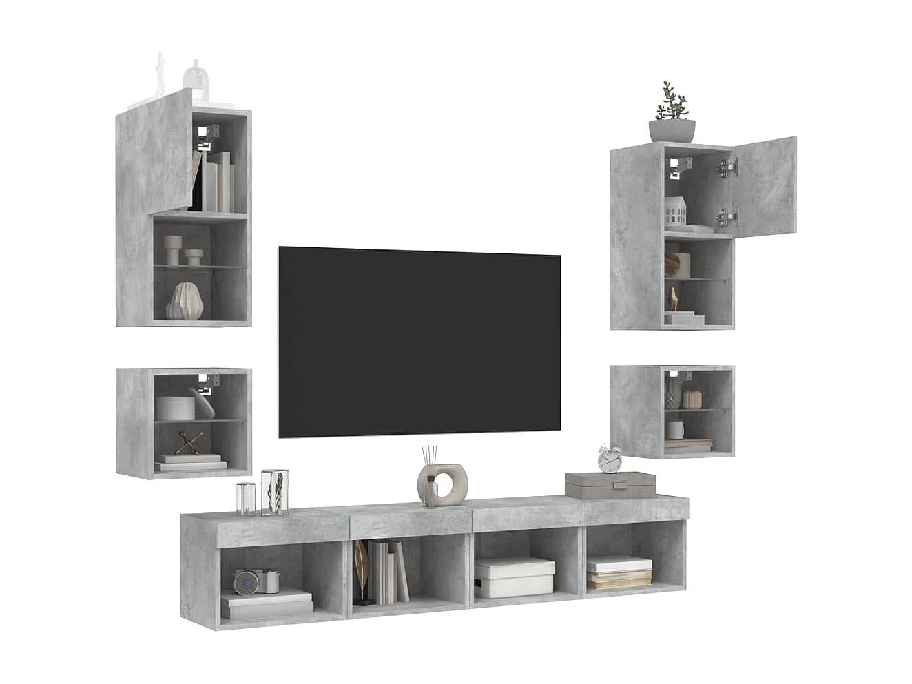 Muebles TV | Gabinetes de TV | Muebles de salón pared con LED 8 pzas madera ingeniería gris hormigón