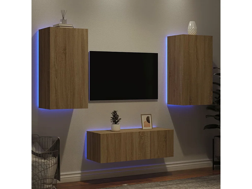 Unités murales TV | Bancs TV | Armoires TV avec LED 4 pcs chêne sonoma bois d'ingénierie