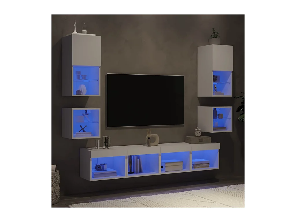 Unités murales TV | Bancs TV | Armoires TV avec LED 8 pcs blanc bois d'ingénierie