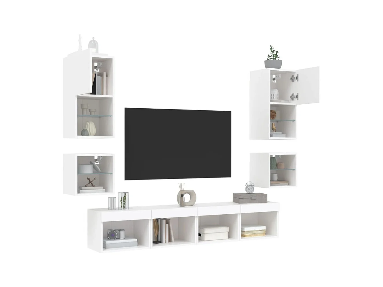 Unités murales TV | Bancs TV | Armoires TV avec LED 8 pcs blanc bois d'ingénierie