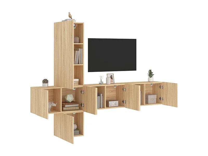 Muebles de TV | Gabinetes de TV |  Muebles de salón de pared 5 pzas madera de ingeniería roble Sonoma