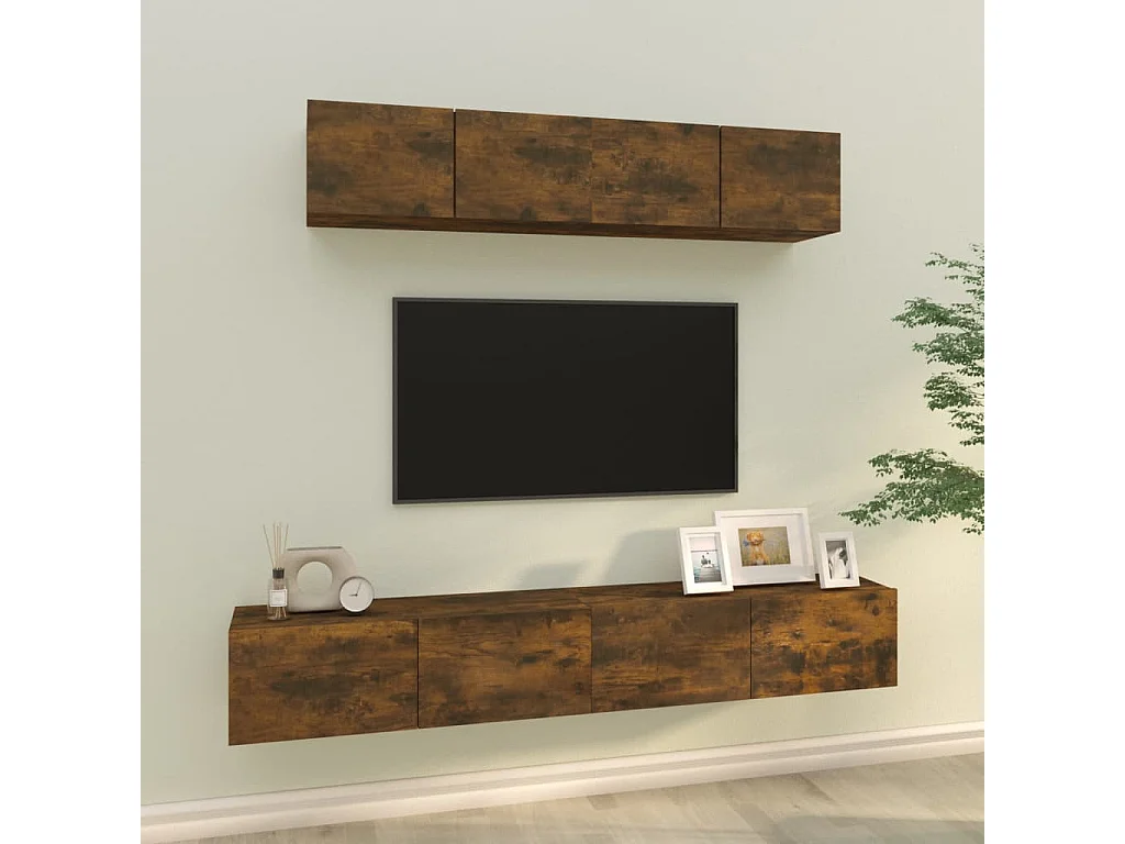 Set de muebles de TV | Gabinetes de TV |  Muebles de salón 4 pzas madera contrachapada roble ahumado