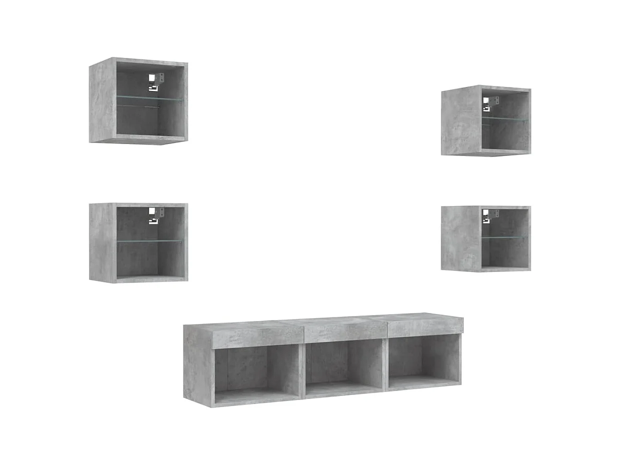 Unités murales TV | Bancs TV | Armoires TV avec LED 7 pcs gris béton bois d'ingénierie