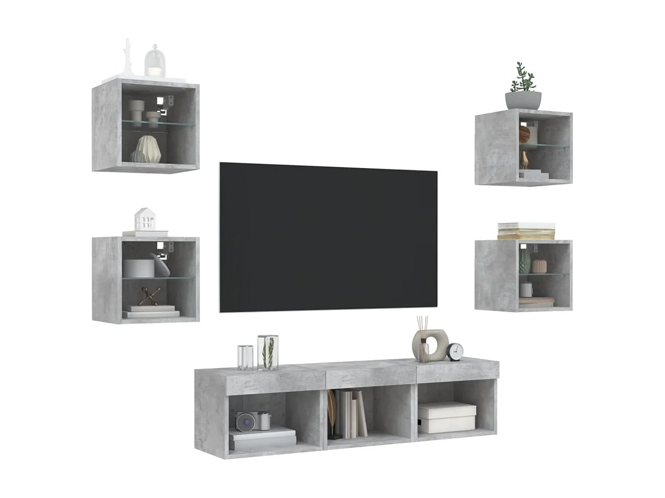 Muebles TV | Gabinetes de TV | Muebles de salón pared con LED 7 pzas madera ingeniería gris hormigón