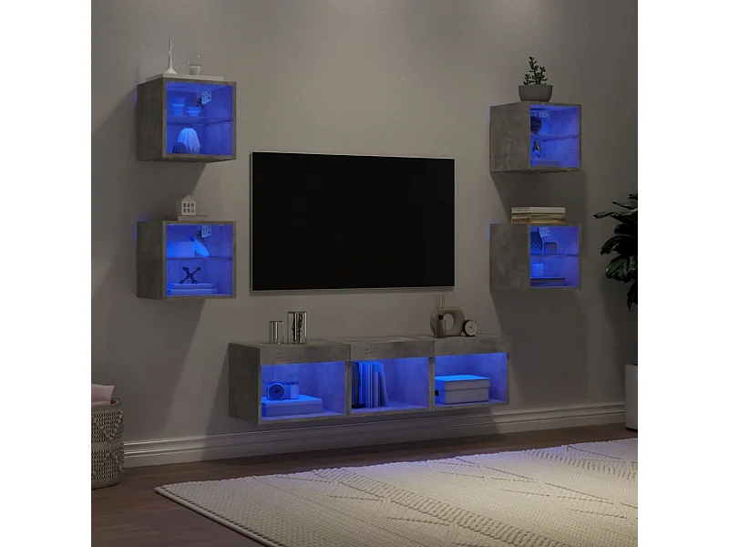 Unités murales TV | Bancs TV | Armoires TV avec LED 7 pcs gris béton bois d'ingénierie