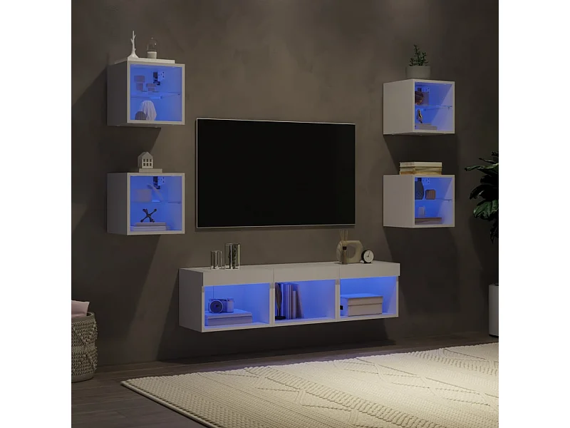 Unités murales TV | Bancs TV | Armoires TV avec LED 7 pcs blanc bois d'ingénierie