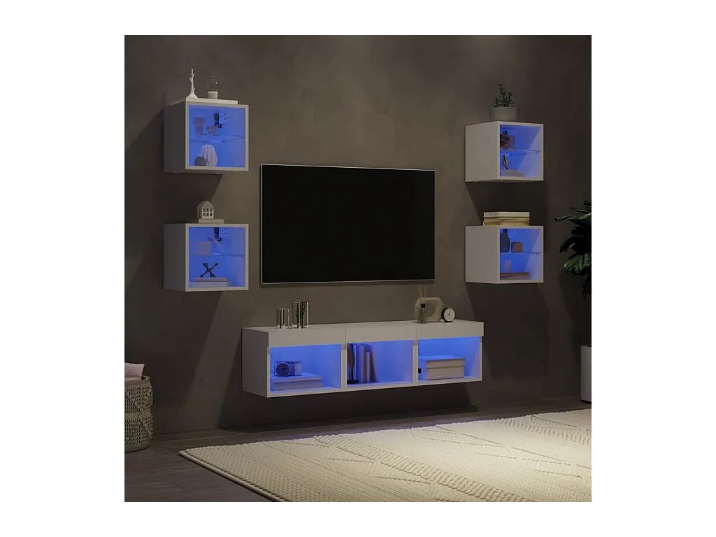 Unités murales TV | Bancs TV | Armoires TV avec LED 7 pcs blanc bois d'ingénierie