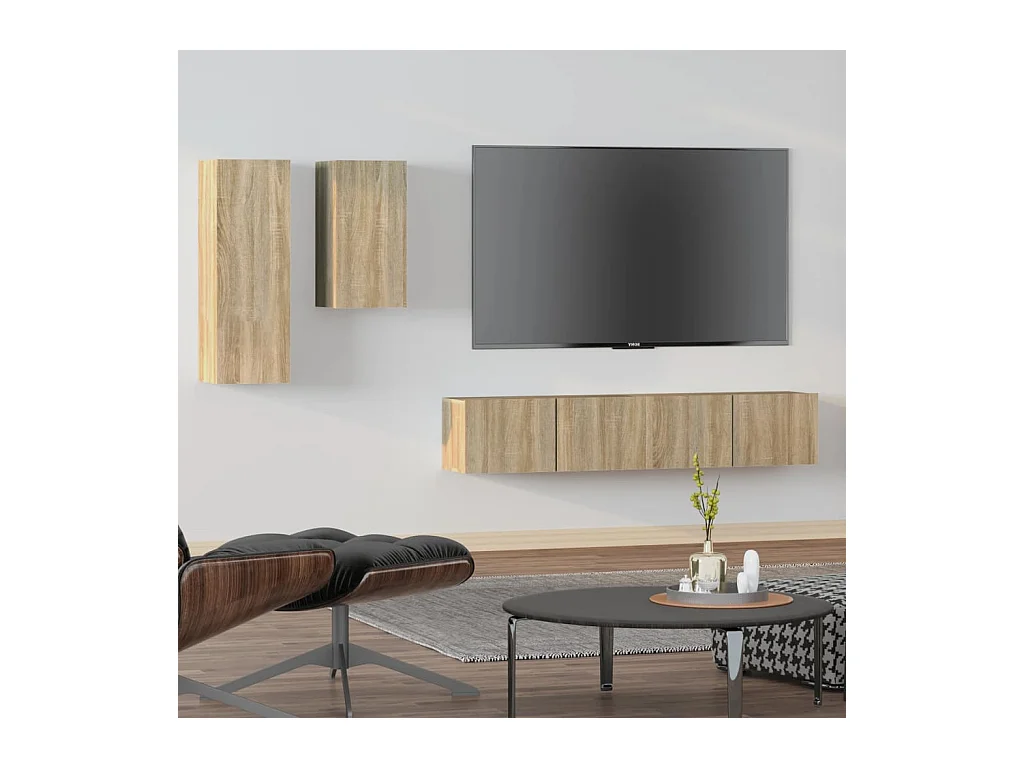 Set de muebles para TV  | Gabinetes de TV |  Muebles de salón 4 pzas madera contrachapada roble Sonoma