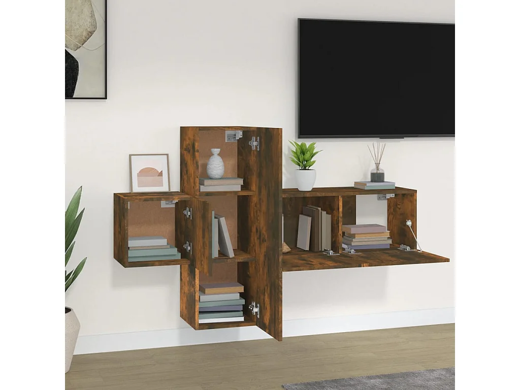 Set de muebles de TV | Gabinetes de TV |  Muebles de salón 3 pzas madera contrachapada roble ahumado