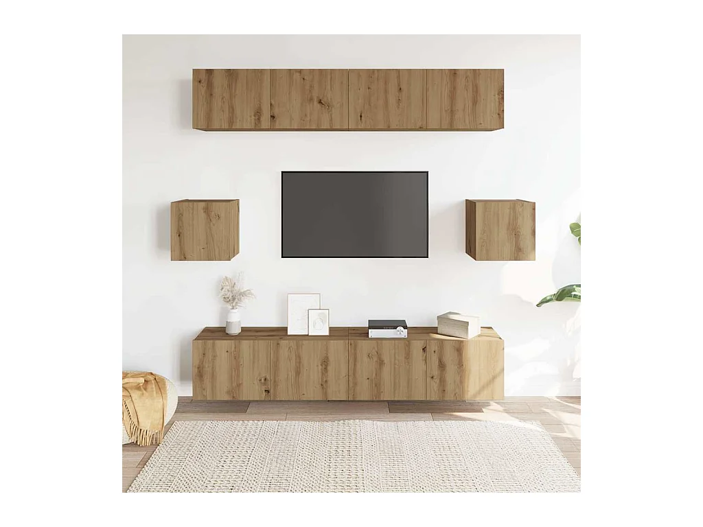 6-delig Tv-meubelset | Tv-Bank | TV-kast wandmontage bewerkt hout artisanaal eiken