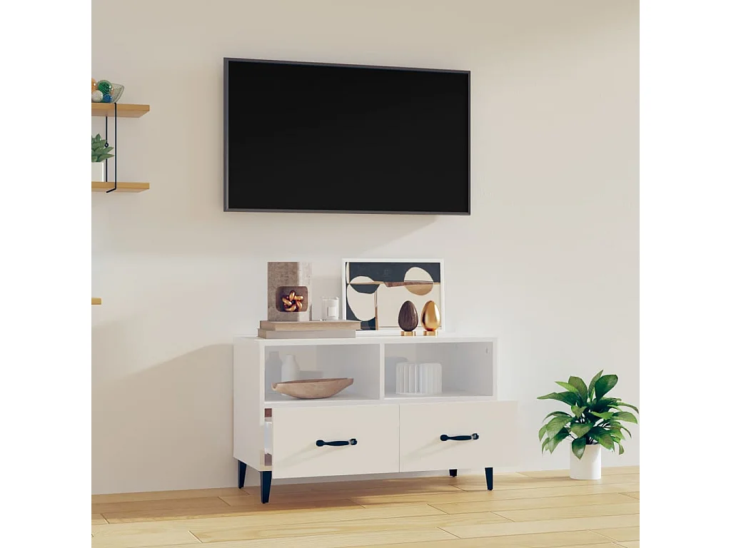 Mueble de TV | Mueble de salón madera contrachapada blanco brillo 80x36x50 cm
