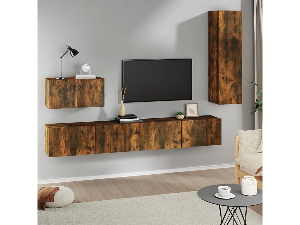 4-delige Tv-meubelset | Tv-Bank | TV-kast bewerkt hout gerookt eikenkleurig