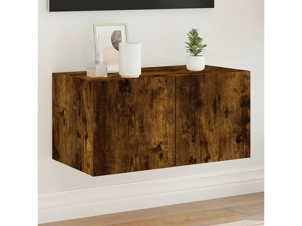 Meuble TV | Banc TV | Armoire TV mural avec lumières LED chêne fumé 60x35x31 cm