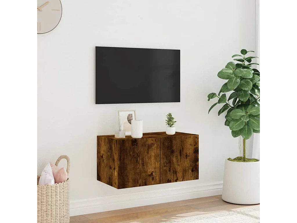 Meuble TV | Banc TV | Armoire TV mural avec lumières LED chêne fumé 60x35x31 cm