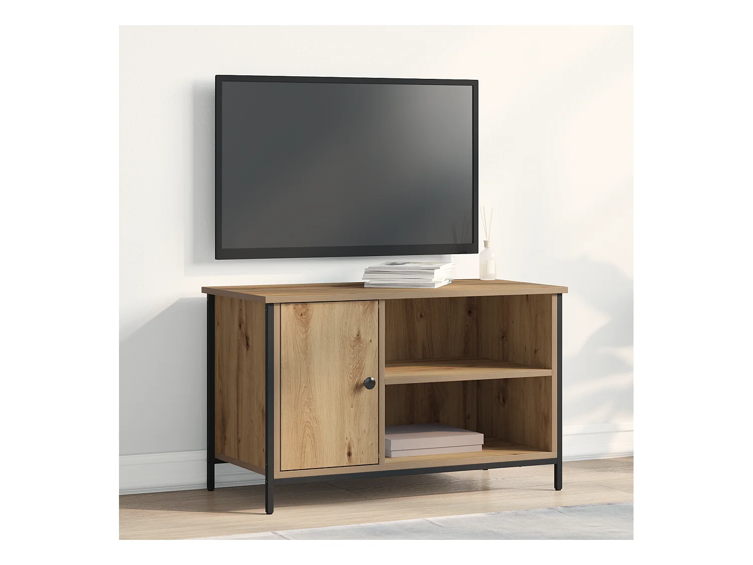 Meuble TV | Banc TV | Armoire TV en chêne artisan de 80x40x50 cm en bois d'ingénierie et acier