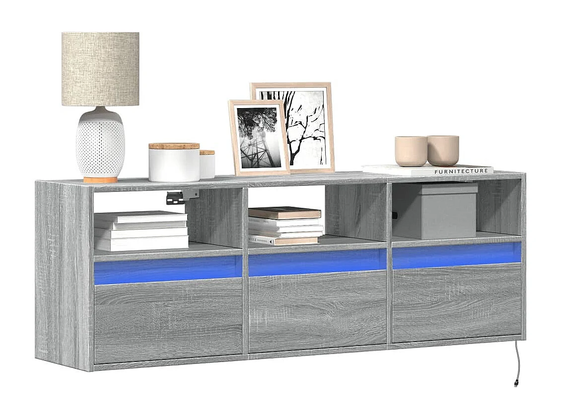 Mueble de TV | Mueble de salón de pared con luces LED gris Sonoma 130x31x45 cm