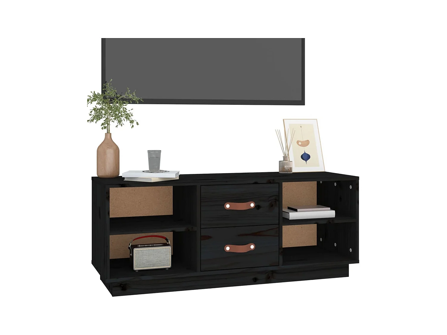 Mueble de TV | Mueble de salón de madera maciza de pino negro 100x34x40 cm