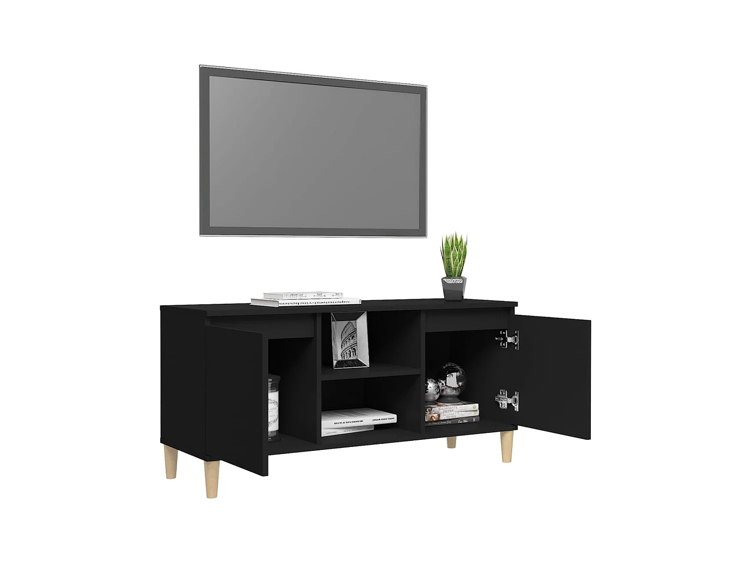 Mueble de TV | Mueble de salón con patas de madera maciza negro 103,5x35x50 cm