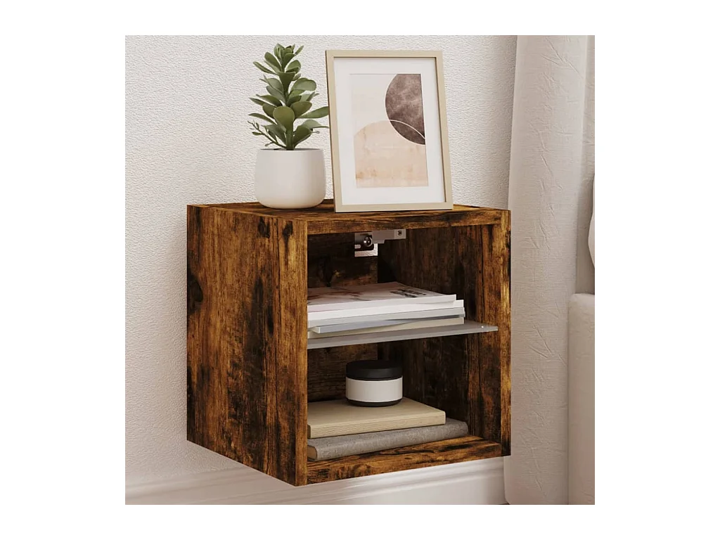 Mueble de TV | Mueble de salón de pared con luces LED roble ahumado 30x28,5x30 cm