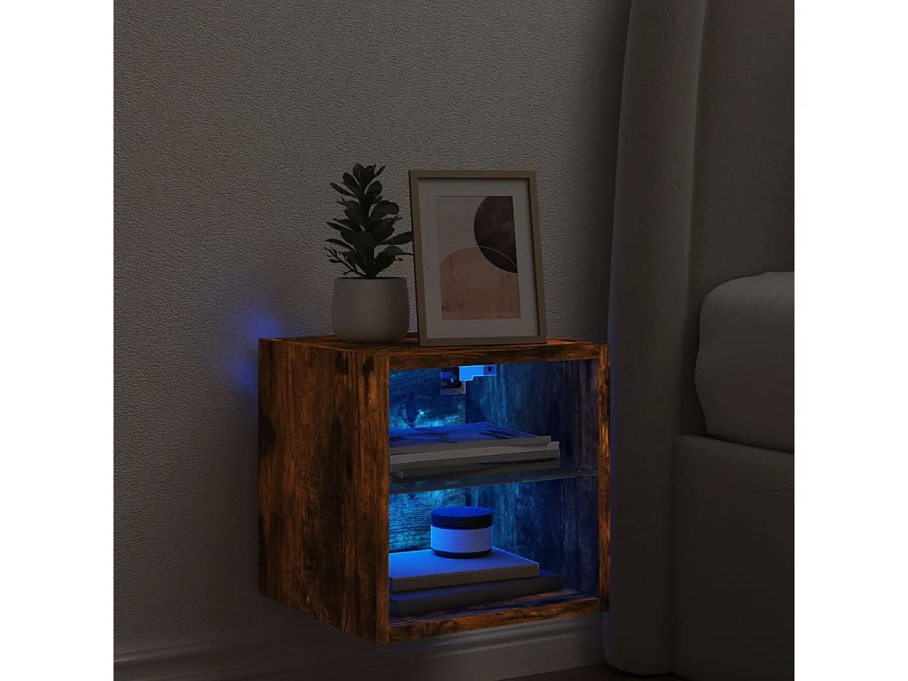 Mueble de TV | Mueble de salón de pared con luces LED roble ahumado 30x28,5x30 cm