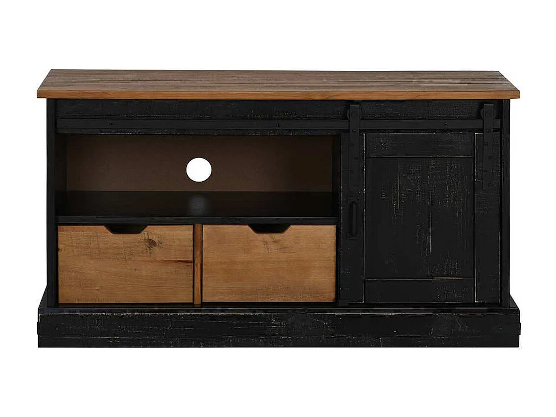 Meuble TV | Banc TV | Armoire TV HALDEN porte coulissante noir 110x40x60cm bois massif