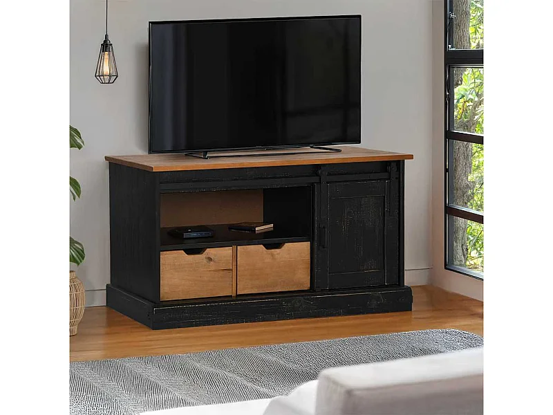 Meuble TV | Banc TV | Armoire TV HALDEN porte coulissante noir 110x40x60cm bois massif