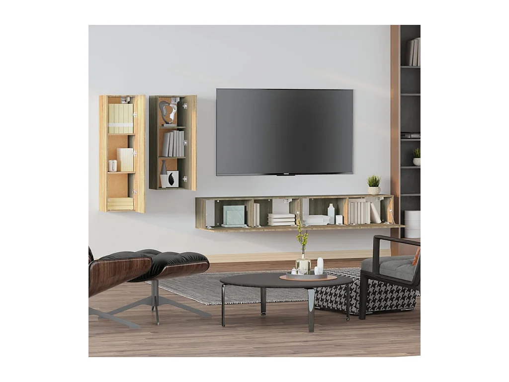 Set de muebles para TV  | Gabinetes de TV |  Muebles de salón 4 pzas madera contrachapada roble Sonoma