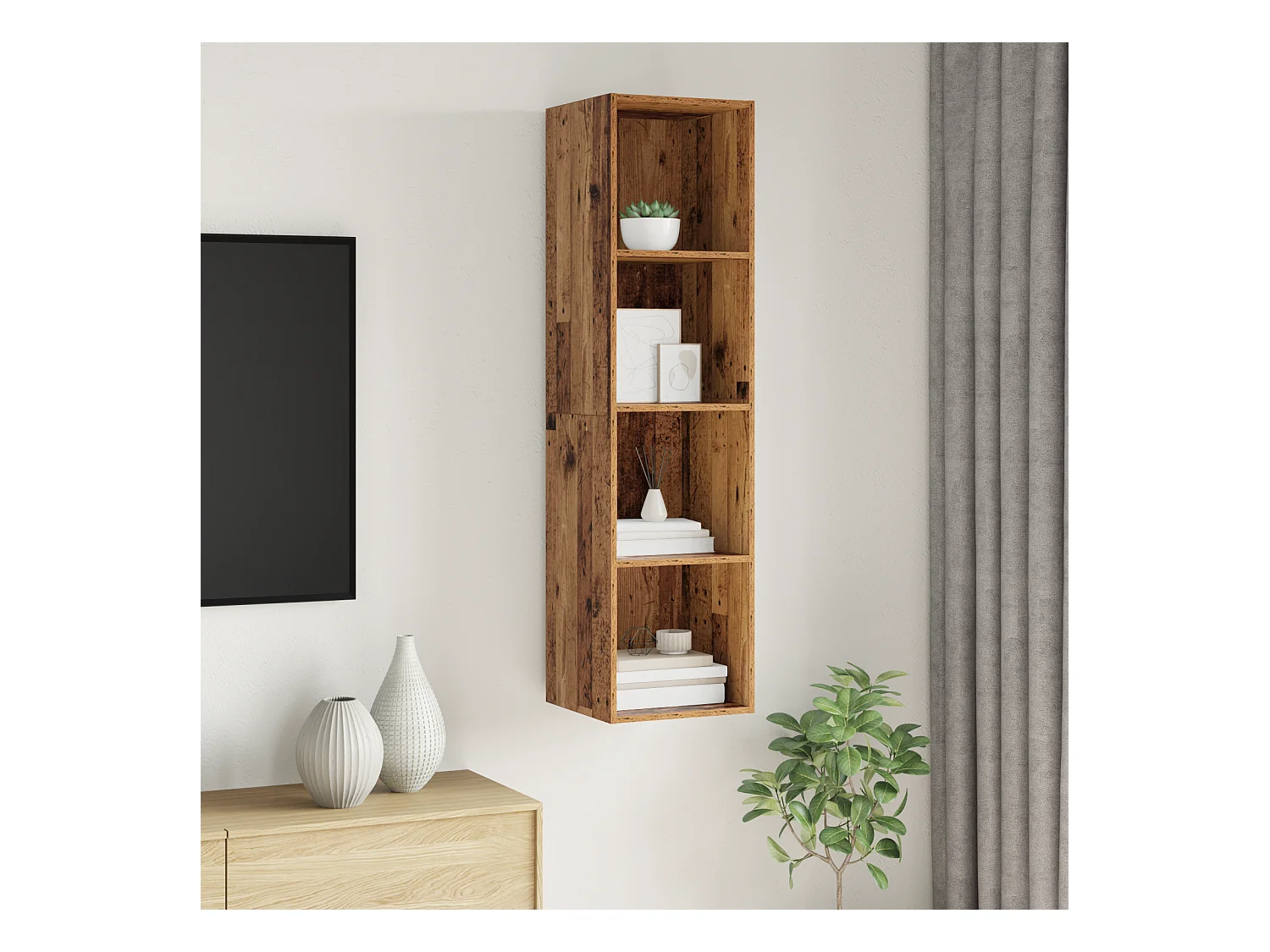 TV-kast | Tv-meubel | Tv-Bank met plank Wandgemonteerd met opslag Oud hout 37 x 37 x 142.5 cm Bewerkt hout