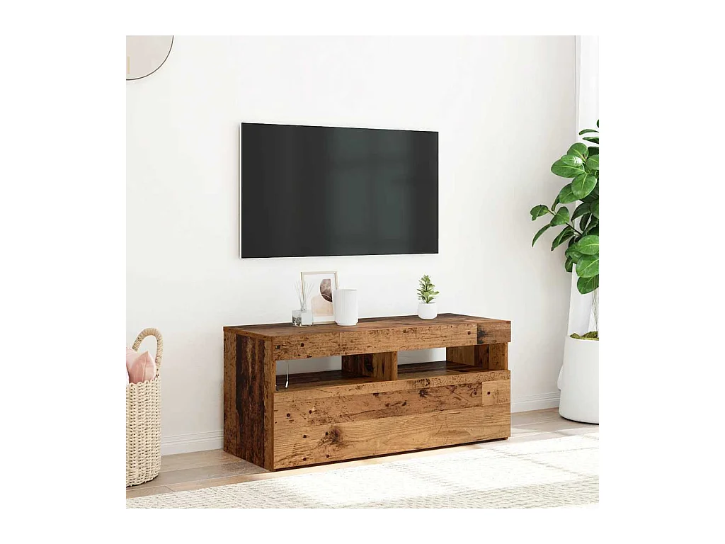 Mueble TV | Gabinete de TV | Mueble de salón luces LED madera ingeniería envejecida 90x35x40 cm