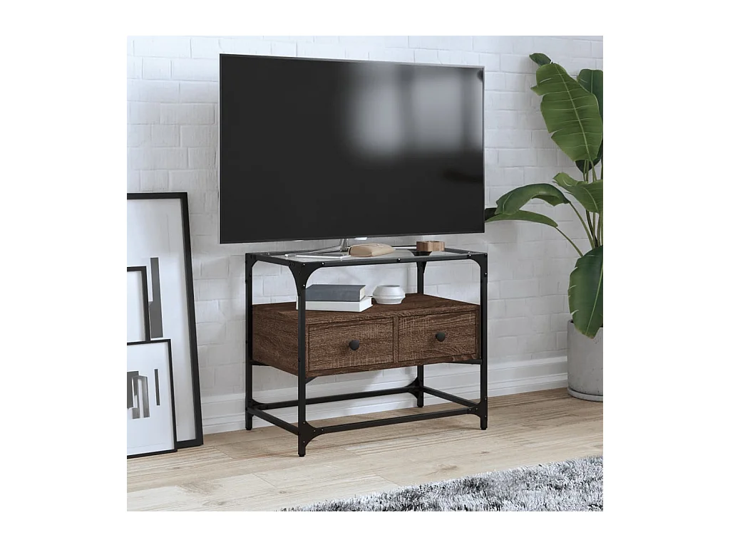 Meuble TV | Banc TV | Armoire TV avec dessus en verre chêne marron bois d'ingénierie